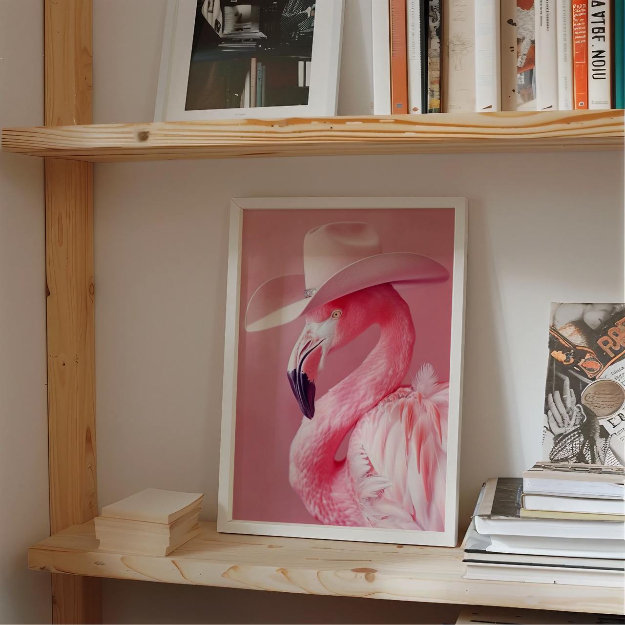 Framed artwork of a pink flamingo with a hat on a wooden shelf.