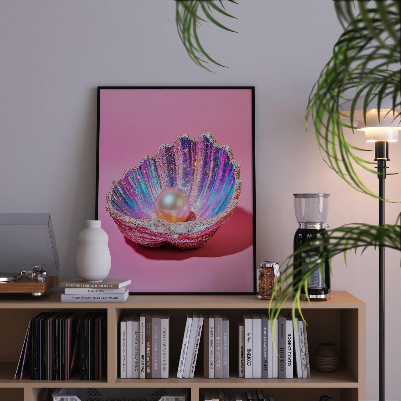 Framed artwork of a colorful shell with a pearl on a bookshelf.
