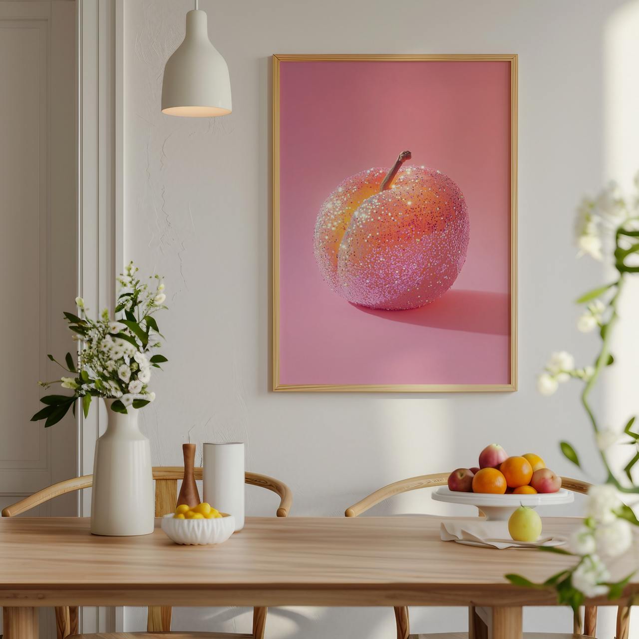 Dining room with a framed artwork of a pink apple on the wall, table with fruit and decor items.
