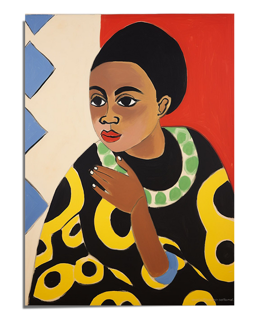 A stylized portrait of an African woman with geometric facial features, large expressive eyes, and red lips. She wears a black tunic decorated with bold yellow circular patterns and a green beaded necklace. Her hand rests near her face in a contemplative pose. The background is composed of abstract geometric blocks of red, white, and blue, adding depth and contrast