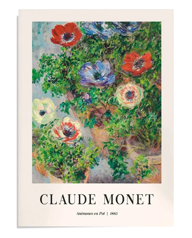 A lively depiction of colorful anemones in a pot, painted by Claude Monet in 1885. The flowers, with their vibrant reds, purples, and whites, stand out against the soft green foliage, creating a dynamic and fresh garden scene. This fine art print showcases Monet’s Impressionist style, with fluid brushwork and bright colors, ideal for nature and floral art lovers.