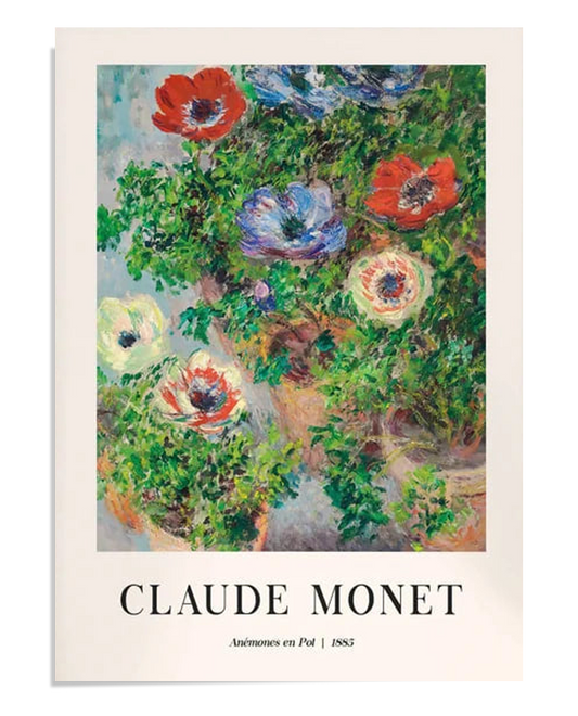 A lively depiction of colorful anemones in a pot, painted by Claude Monet in 1885. The flowers, with their vibrant reds, purples, and whites, stand out against the soft green foliage, creating a dynamic and fresh garden scene. This fine art print showcases Monet’s Impressionist style, with fluid brushwork and bright colors, ideal for nature and floral art lovers.