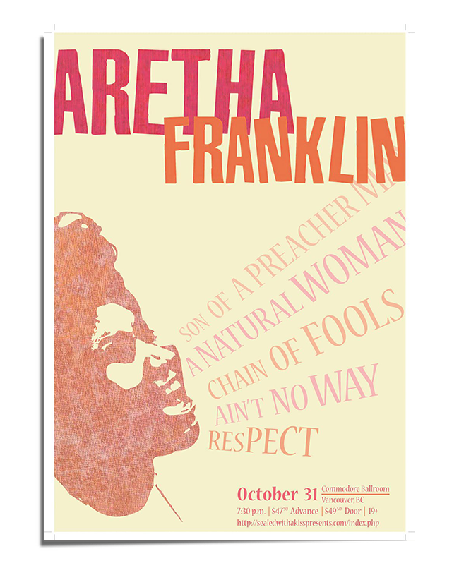 A vintage-style poster featuring a sepia-toned portrait of Aretha Franklin singing passionately. The background has a faded texture with bold, retro typography listing some of her most famous songs. The words "Aretha Franklin" appear at the top in large, colorful letters, with additional concert details at the bottom. The design has a classic, nostalgic feel reminiscent of old-school music posters.