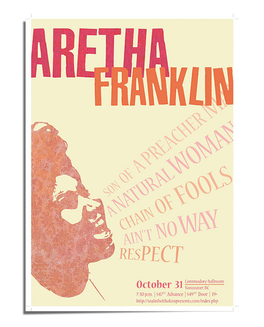 A vintage-style poster featuring a sepia-toned portrait of Aretha Franklin singing passionately. The background has a faded texture with bold, retro typography listing some of her most famous songs. The words "Aretha Franklin" appear at the top in large, colorful letters, with additional concert details at the bottom. The design has a classic, nostalgic feel reminiscent of old-school music posters.