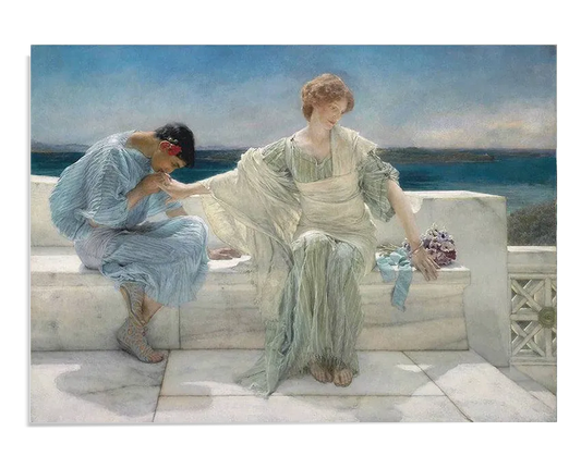 A Neoclassical oil painting depicting a young woman in a flowing pale green gown sitting on a white marble bench. She gently pulls her hand away from a man seated beside her, who leans forward with his head bowed, holding her hand in sorrow. The background features a deep blue Mediterranean sea, adding to the tranquil yet melancholic mood of the scene.