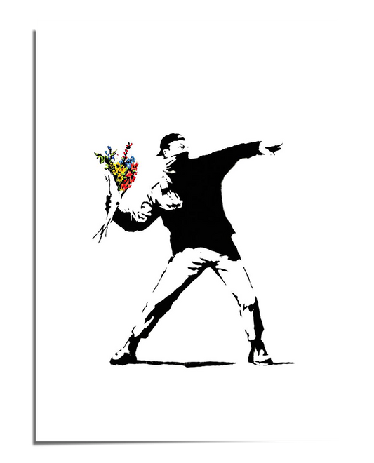 A black-and-white stencil-style artwork of a masked protester in mid-motion, preparing to throw a bouquet of colorful flowers. The flowers are the only element in color, contrasting against the monochrome figure. The background is light, highlighting the raw and impactful street art style.