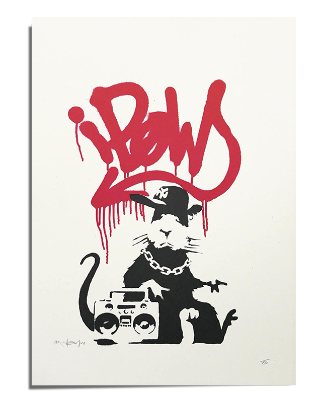 A black-and-white stencil-style graffiti print featuring a rat wearing a cap and chain necklace, sitting next to a boombox. Above it, red dripping graffiti spells "Pow," creating a striking urban street art aesthetic.