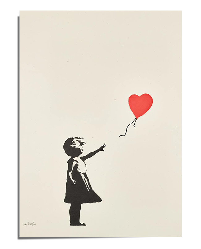 A black-and-white stencil-style artwork of a young girl reaching out toward a red heart-shaped balloon that is floating away. The minimalistic design contrasts the monochrome figure with the bright red balloon, enhancing the emotional impact of the image. The background is light and neutral, emphasizing the artwork’s simplicity and depth.