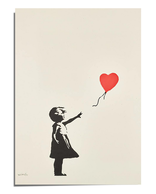 A black-and-white stencil-style artwork of a young girl reaching out toward a red heart-shaped balloon that is floating away. The minimalistic design contrasts the monochrome figure with the bright red balloon, enhancing the emotional impact of the image. The background is light and neutral, emphasizing the artwork’s simplicity and depth.
