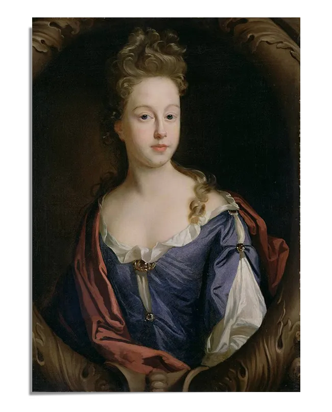 A Baroque-style oil painting featuring a young noblewoman dressed in a blue gown with a white undergarment and a deep red shawl draped over her shoulders. Her golden curls frame her face, and she gazes directly at the viewer with a calm and confident expression. The background is dark, enhancing the subject’s luminous skin and elegant clothing.