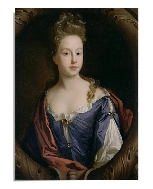 A Baroque-style oil painting featuring a young noblewoman dressed in a blue gown with a white undergarment and a deep red shawl draped over her shoulders. Her golden curls frame her face, and she gazes directly at the viewer with a calm and confident expression. The background is dark, enhancing the subject’s luminous skin and elegant clothing.