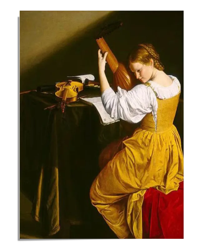 A classical oil painting-style artwork featuring a young woman in a golden Baroque gown playing a lute. She is seated beside a table covered in dark fabric, which holds a violin, sheet music, and other musical instruments. The dramatic lighting highlights her delicate pose, creating a serene and timeless composition.