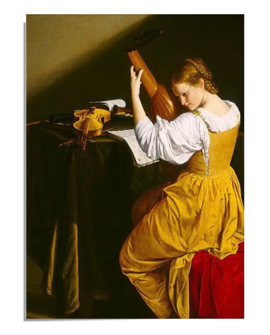 A classical oil painting-style artwork featuring a young woman in a golden Baroque gown playing a lute. She is seated beside a table covered in dark fabric, which holds a violin, sheet music, and other musical instruments. The dramatic lighting highlights her delicate pose, creating a serene and timeless composition.