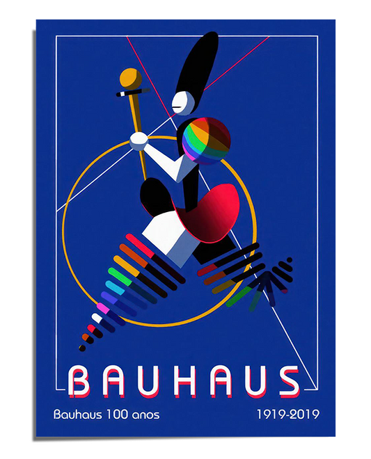 A Bauhaus-style poster commemorating 100 years of the Bauhaus movement from 1919 to 2019. The artwork features an abstract humanoid figure made of geometric shapes in bold colors, including a rainbow gradient on the head. The figure holds a long golden staff and is surrounded by a circular golden ring with intersecting red and white lines. The background is a deep blue, contrasting with the vibrant elements. The word "Bauhaus" appears at the bottom in a modernist font, accompanied by the text "Bauhaus 100 a