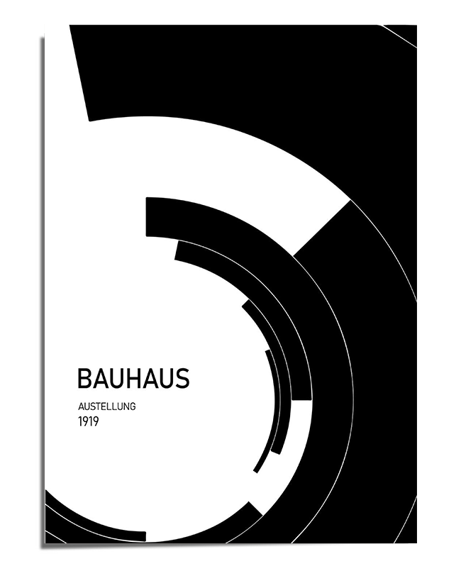 A Bauhaus-inspired poster with bold black and white geometric elements forming an abstract circular pattern. The text "Bauhaus Ausstellung 1919" is placed on the left in a simple, functional font. The high-contrast design gives a modernist and dynamic feel, ideal for minimalist decor.