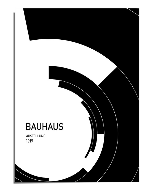 A Bauhaus-inspired poster with bold black and white geometric elements forming an abstract circular pattern. The text "Bauhaus Ausstellung 1919" is placed on the left in a simple, functional font. The high-contrast design gives a modernist and dynamic feel, ideal for minimalist decor.