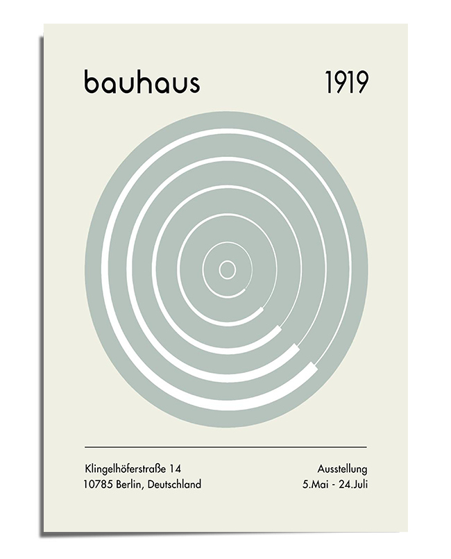 A Bauhaus-style poster featuring a large circular geometric design in soft gray tones, composed of concentric rings with open segments. The text "bauhaus" is positioned in lowercase at the top left, with "1919" on the top right. Additional exhibition details, including location and dates, appear neatly at the bottom. The overall design maintains a clean, modernist aesthetic with a neutral color palette.