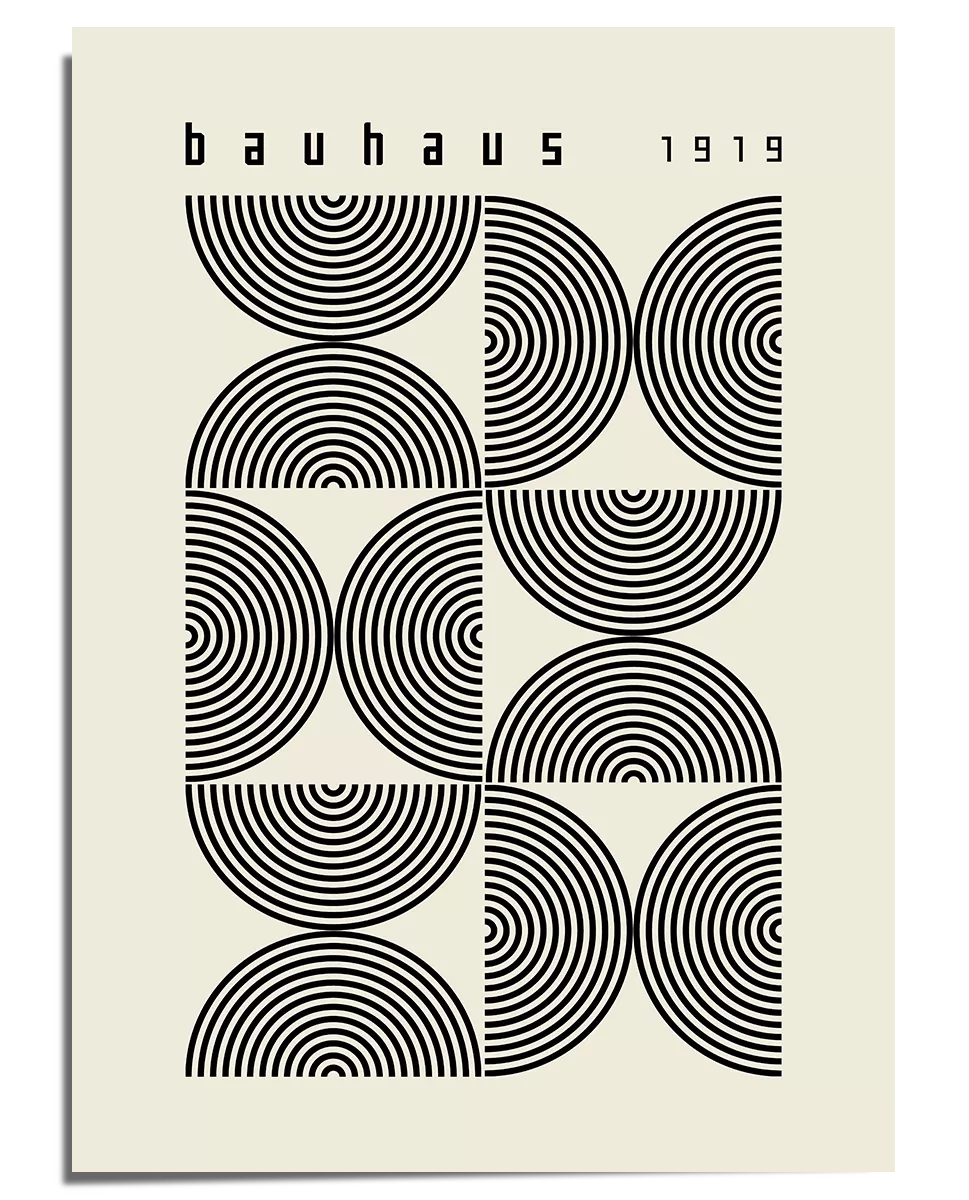 A modernist Bauhaus-style poster featuring black concentric circles arranged in a structured grid pattern on a beige background. Some circles are halved, creating a dynamic geometric effect. The top of the poster includes the word "Bauhaus" in a clean, minimalist font, followed by the year "1919." The composition emphasizes repetition, symmetry, and optical balance, characteristic of Bauhaus and abstract design principles.