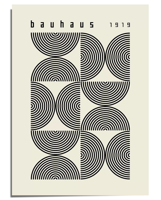A modernist Bauhaus-style poster featuring black concentric circles arranged in a structured grid pattern on a beige background. Some circles are halved, creating a dynamic geometric effect. The top of the poster includes the word "Bauhaus" in a clean, minimalist font, followed by the year "1919." The composition emphasizes repetition, symmetry, and optical balance, characteristic of Bauhaus and abstract design principles.