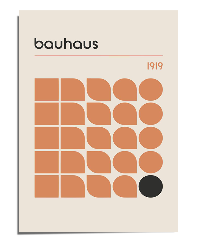 A Bauhaus-inspired poster featuring a grid of rounded geometric shapes in terracotta, arranged in a structured pattern. A single black circle at the bottom right creates contrast. The word "bauhaus" is written in lowercase at the top, with "1919" positioned on the right side. The background is a soft neutral tone, enhancing the minimalist and modern aesthetic.