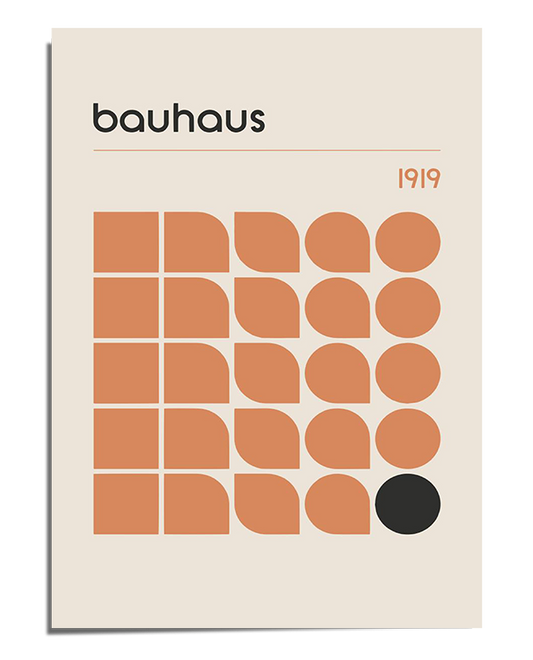 A Bauhaus-inspired poster featuring a grid of rounded geometric shapes in terracotta, arranged in a structured pattern. A single black circle at the bottom right creates contrast. The word "bauhaus" is written in lowercase at the top, with "1919" positioned on the right side. The background is a soft neutral tone, enhancing the minimalist and modern aesthetic.