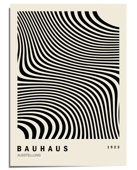 A black and white Bauhaus-style poster with curved, flowing lines that create an optical illusion of movement. The abstract design is complemented by simple text at the bottom reading "Bauhaus Ausstellung 1923" in a modernist typeface. The composition emphasizes geometric balance and visual impact, characteristic of Bauhaus and optical art influences.