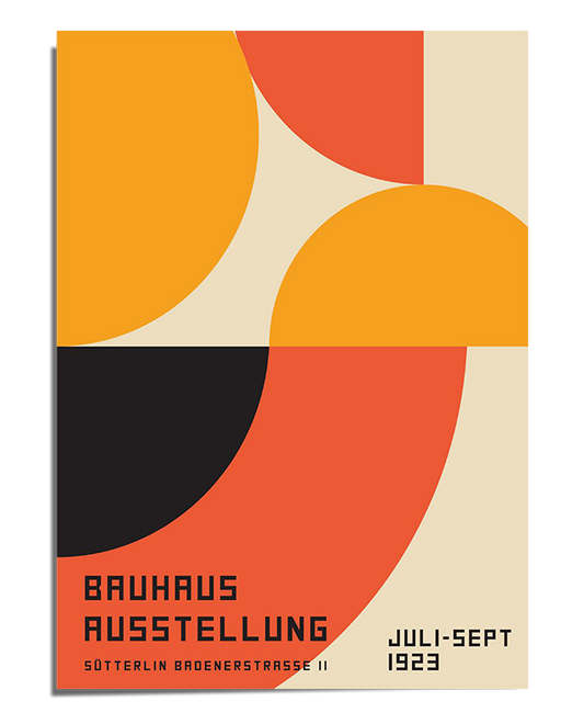 A modernist poster with an abstract geometric design featuring overlapping circles and curved shapes in orange, red, black, and beige. The lower section includes the text "Bauhaus Ausstellung Sütterlin Badenerstrasse II Juli-Sept 1923" in a structured, Bauhaus-inspired typeface. The bold colors and minimalistic composition reflect the Bauhaus movement's emphasis on design, form, and function.