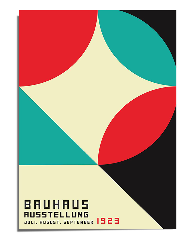 A modernist poster featuring a bold geometric composition with intersecting circles, triangles, and color blocks in red, teal, black, and beige. The lower section contains the text "Bauhaus Ausstellung Juli, August, September 1923" in a clean, angular typeface, referencing the famous Bauhaus exhibition. The design follows the Bauhaus movement’s principles of abstraction, simplicity, and balance.