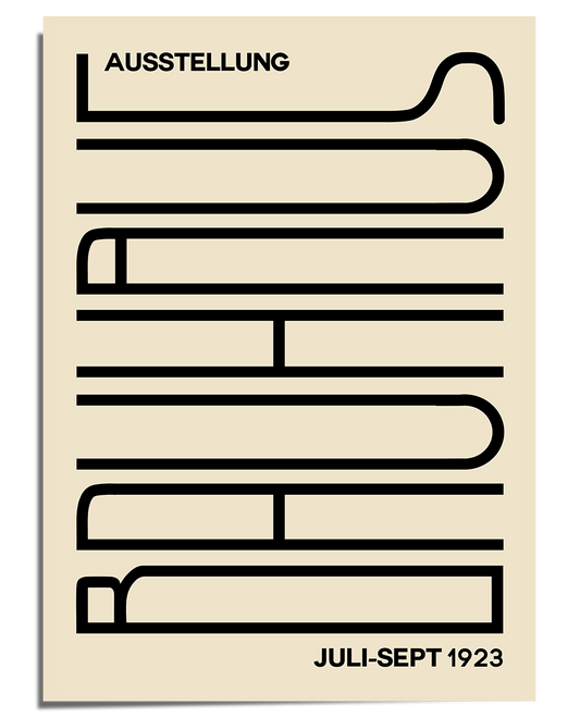 A modernist Bauhaus-style poster with a beige background and bold black typography. The word "Bauhaus" is displayed vertically in a continuous line style, creating a structured and geometric effect. The top left corner includes the word "Ausstellung," while the bottom right corner reads "Juli-Sept 1923," referencing the famous Bauhaus exhibition. The design emphasizes minimalism, functionality, and avant-garde typography.