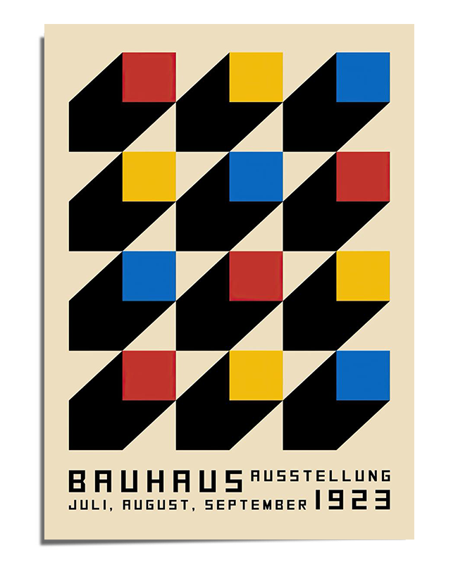 A Bauhaus-style exhibition poster from 1923 featuring a geometric pattern of alternating red, yellow, and blue cubes with black shadows, giving a three-dimensional effect. The typography at the bottom reads "Bauhaus Ausstellung Juli, August, September 1923" in a structured and modernist font. The background is beige, creating a clean and balanced aesthetic.
