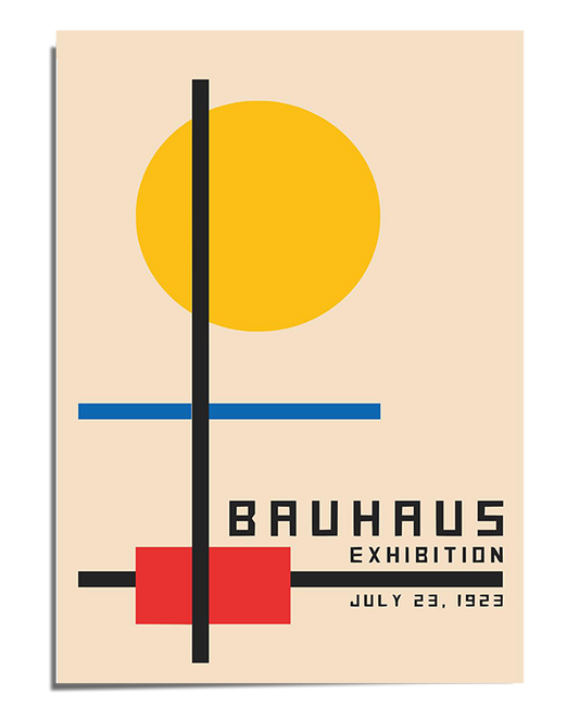 A modernist poster with a geometric abstract design featuring a large yellow circle, intersecting black and blue lines, and a red rectangle on a beige background. The text "Bauhaus Exhibition July 23, 1923" is positioned at the bottom in a structured, Bauhaus-inspired font. The composition reflects the Bauhaus movement’s emphasis on minimalism, balance, and functional design.