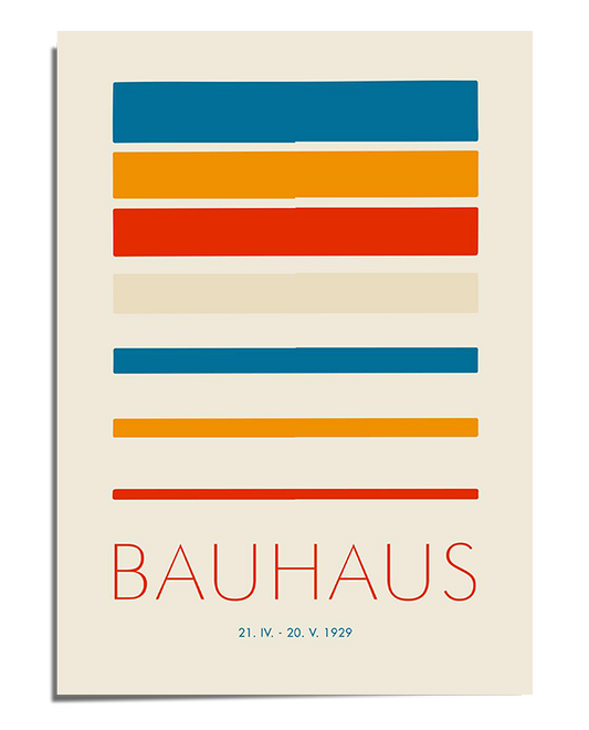 A Bauhaus-inspired poster with horizontal color blocks in varying shades of blue, orange, red, and beige. The word "Bauhaus" is written at the bottom in a thin, modern font. The design is structured and clean, reflecting the minimalist and functional style of the Bauhaus movement.