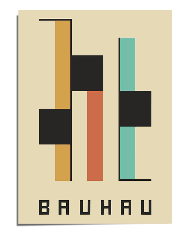 A geometric Bauhaus-style poster featuring vertical and rectangular shapes in mustard yellow, burnt orange, and teal, intersected by bold black blocks. The word "Bauhaus" is written at the bottom in a structured modernist font, adding to the poster’s minimalist and functional aesthetic.