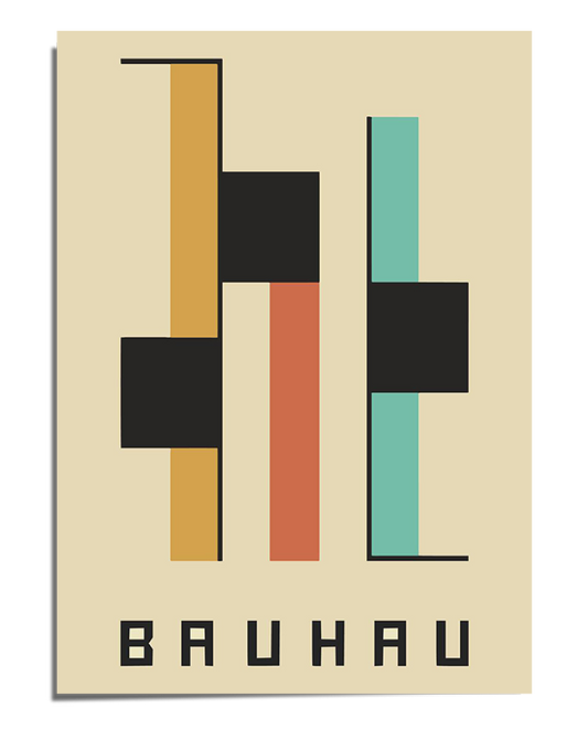 A geometric Bauhaus-style poster featuring vertical and rectangular shapes in mustard yellow, burnt orange, and teal, intersected by bold black blocks. The word "Bauhaus" is written at the bottom in a structured modernist font, adding to the poster’s minimalist and functional aesthetic.