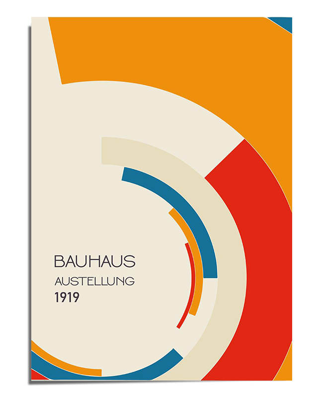 A Bauhaus-inspired poster with curved geometric shapes in red, orange, blue, and beige. The arcs overlap and interact, creating a dynamic abstract composition. On the left side, the words "Bauhaus Ausstellung 1919" appear in a minimalist, sans-serif font.