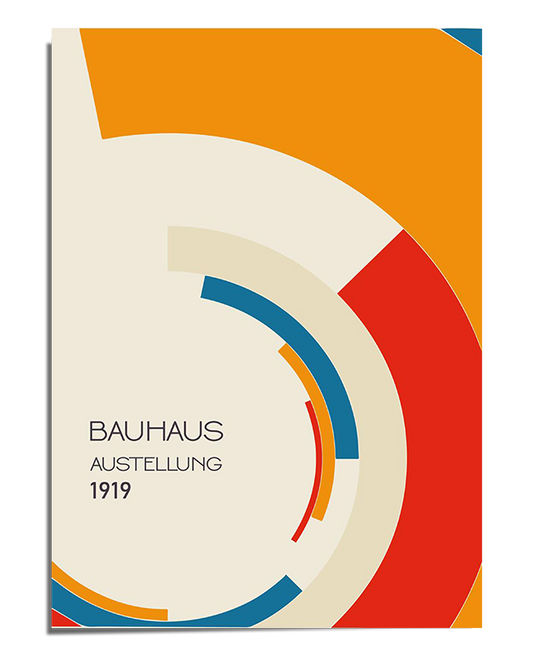 A Bauhaus-inspired poster with curved geometric shapes in red, orange, blue, and beige. The arcs overlap and interact, creating a dynamic abstract composition. On the left side, the words "Bauhaus Ausstellung 1919" appear in a minimalist, sans-serif font.