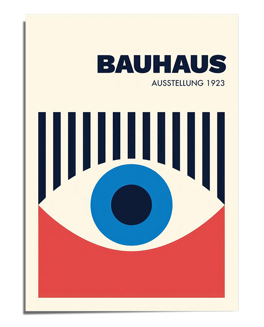 A Bauhaus-inspired poster featuring an abstract eye design with a blue circular center, surrounded by vertical navy blue lines resembling eyelashes. The lower portion is filled with a bold red shape, contrasting against a cream-colored background. The text "Bauhaus Ausstellung 1923" is placed in the upper right corner, complementing the structured and minimalist design.