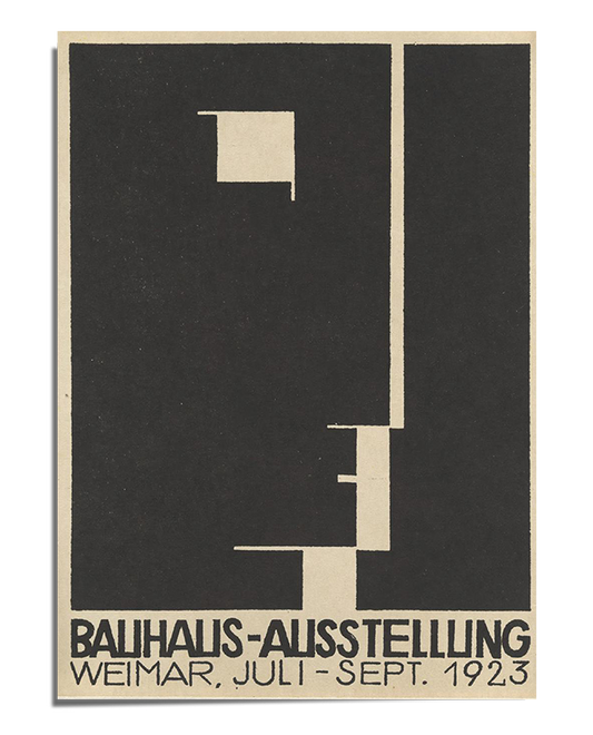 A Bauhaus-style poster with a bold black and beige geometric design. The abstract composition consists of rectangular shapes forming an architectural layout. At the bottom, the text reads "Bauhaus-Ausstellung Weimar, Juli - Sept. 1923" in a modernist font, emphasizing the exhibition details. The design reflects the principles of simplicity, functionality, and innovation characteristic of the Bauhaus movement.