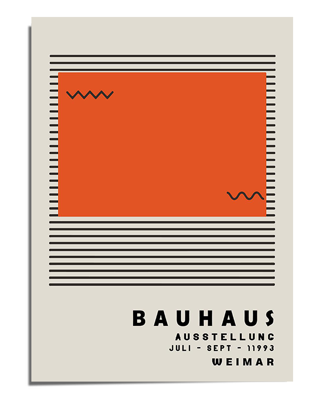A Bauhaus-inspired poster featuring a large red-orange rectangle in the center, surrounded by black horizontal lines on a light beige background. Small wavy black lines are placed within the rectangle, adding a subtle dynamic element. The text "Bauhaus Ausstellung" appears in bold black font at the bottom, along with the exhibition details "Juli - Sept - 11993 Weimar" in a structured layout. The design is simple, modern, and follows the principles of Bauhaus minimalism.