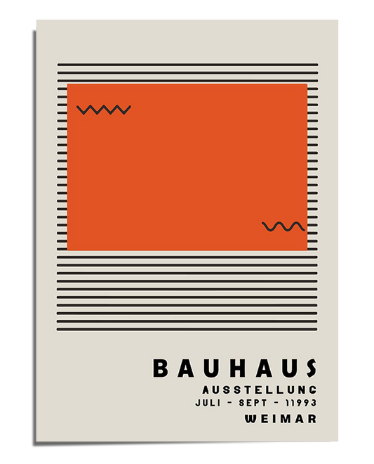 A Bauhaus-inspired poster featuring a large red-orange rectangle in the center, surrounded by black horizontal lines on a light beige background. Small wavy black lines are placed within the rectangle, adding a subtle dynamic element. The text "Bauhaus Ausstellung" appears in bold black font at the bottom, along with the exhibition details "Juli - Sept - 11993 Weimar" in a structured layout. The design is simple, modern, and follows the principles of Bauhaus minimalism.
