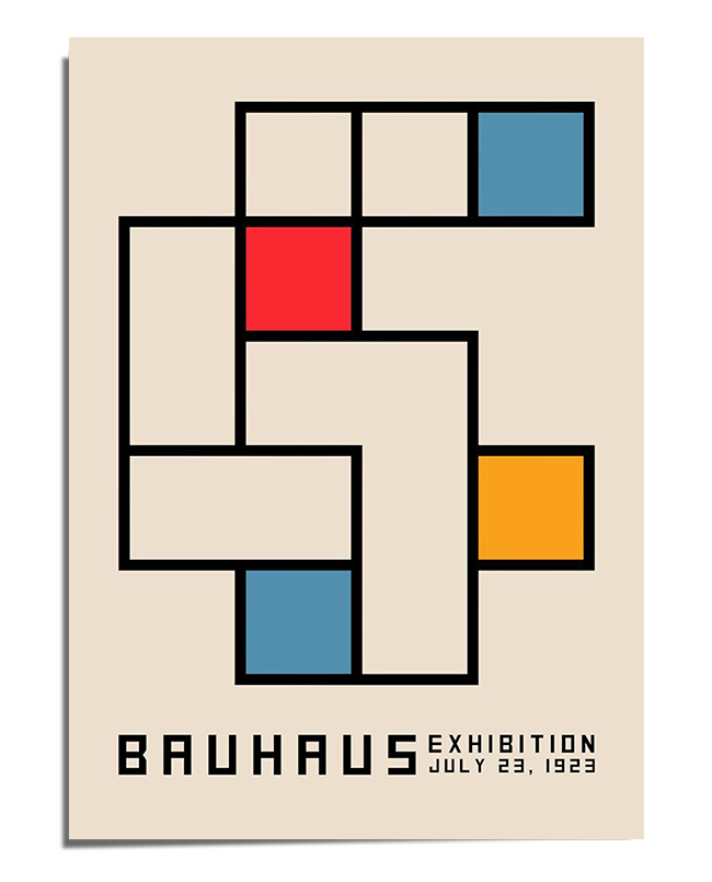 A Bauhaus-style exhibition poster from 1923 displaying an abstract geometric pattern made up of interconnected rectangular blocks outlined in black. The design features a beige background with strategically placed red, blue, and yellow squares, adding contrast. At the bottom, the text reads "Bauhaus Exhibition July 23, 1923" in a clean, structured font.