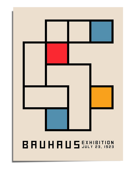 A Bauhaus-style exhibition poster from 1923 displaying an abstract geometric pattern made up of interconnected rectangular blocks outlined in black. The design features a beige background with strategically placed red, blue, and yellow squares, adding contrast. At the bottom, the text reads "Bauhaus Exhibition July 23, 1923" in a clean, structured font.