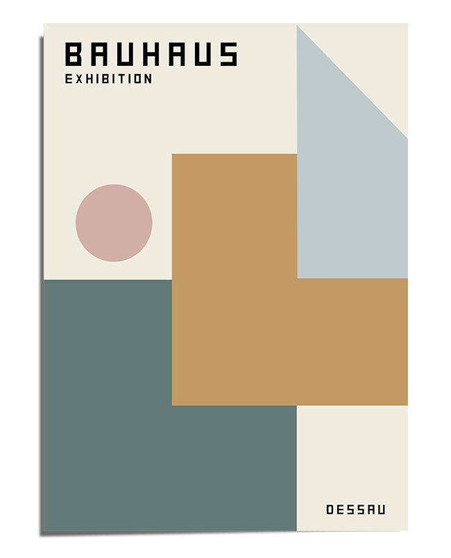A Bauhaus-inspired poster featuring an abstract geometric composition with rectangles, squares, and a circle in muted beige, brown, gray, and green tones. The words "Bauhaus Exhibition" appear in the upper left corner in a clean modern font, while "Dessau" is positioned in the bottom right corner. The structured layout and simple shapes reflect the Bauhaus principle of functional and aesthetic design.