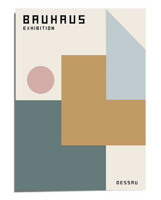 A Bauhaus-inspired poster featuring an abstract geometric composition with rectangles, squares, and a circle in muted beige, brown, gray, and green tones. The words "Bauhaus Exhibition" appear in the upper left corner in a clean modern font, while "Dessau" is positioned in the bottom right corner. The structured layout and simple shapes reflect the Bauhaus principle of functional and aesthetic design.