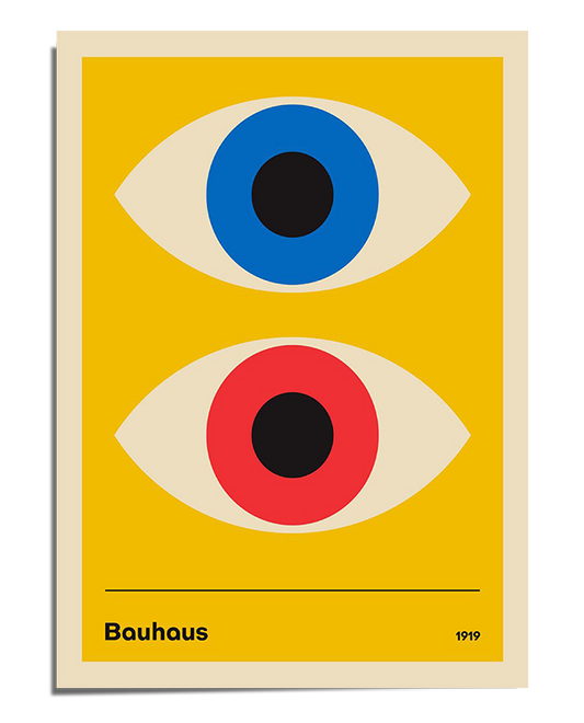 A Bauhaus-inspired poster with a yellow background featuring two large stylized eyes. The top eye has a blue iris with a black pupil, while the bottom eye has a red iris with a black pupil. The eyes are symmetrically aligned, creating a balanced composition. At the bottom, there is a black horizontal line with the word "Bauhaus" on the left and "1919" on the right.