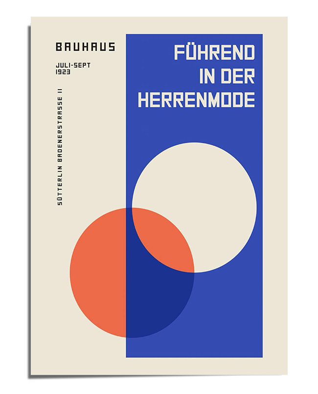A Bauhaus-style poster featuring an abstract composition with two overlapping circles in red, white, and blue against a structured cream-colored background. The text "Führend in der Herrenmode" appears prominently in the upper right corner, while additional vertical and horizontal text elements provide a functionalist design touch. The typography and layout follow the Bauhaus principle of simplicity and clarity.