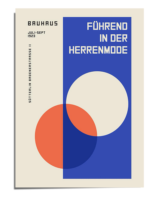 A Bauhaus-style poster featuring an abstract composition with two overlapping circles in red, white, and blue against a structured cream-colored background. The text "Führend in der Herrenmode" appears prominently in the upper right corner, while additional vertical and horizontal text elements provide a functionalist design touch. The typography and layout follow the Bauhaus principle of simplicity and clarity.