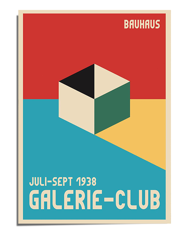 A Bauhaus-inspired poster featuring a three-dimensional cube in the center, with each side shaded differently in black, green, beige, and white. The background is divided diagonally into three sections: red at the top, blue at the bottom left, and yellow at the bottom right. The words "Juli-Sept 1938 Galerie-Club" are displayed in bold, modern typography at the bottom, with "Bauhaus" positioned in the upper right corner. The design is structured, minimalist, and dynamic, reflecting the Bauhaus principles of