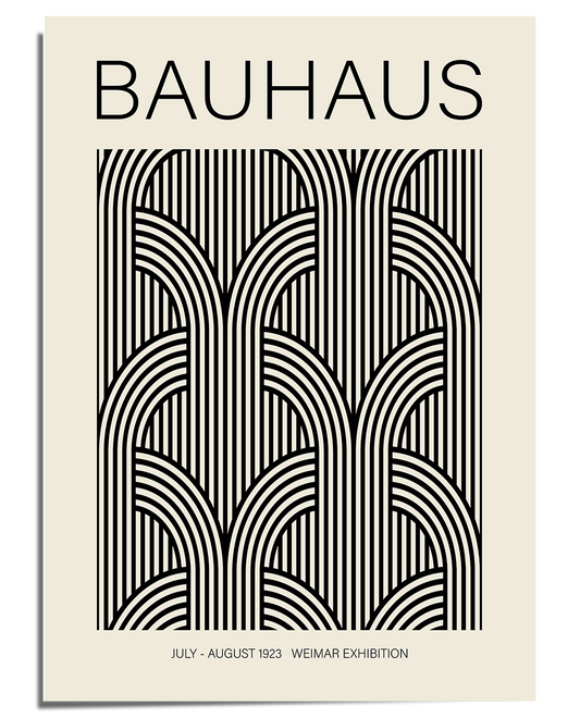A modernist black-and-white poster featuring the word "Bauhaus" in bold, uppercase letters at the top. Below, an intricate geometric pattern of repeating arches and parallel lines creates a visually dynamic composition. The bottom section contains small text reading "July - August 1923 Weimar Exhibition," referencing the historical Bauhaus event. The overall design is minimalist, structured, and aligned with the Bauhaus movement’s clean, functional aesthetic.