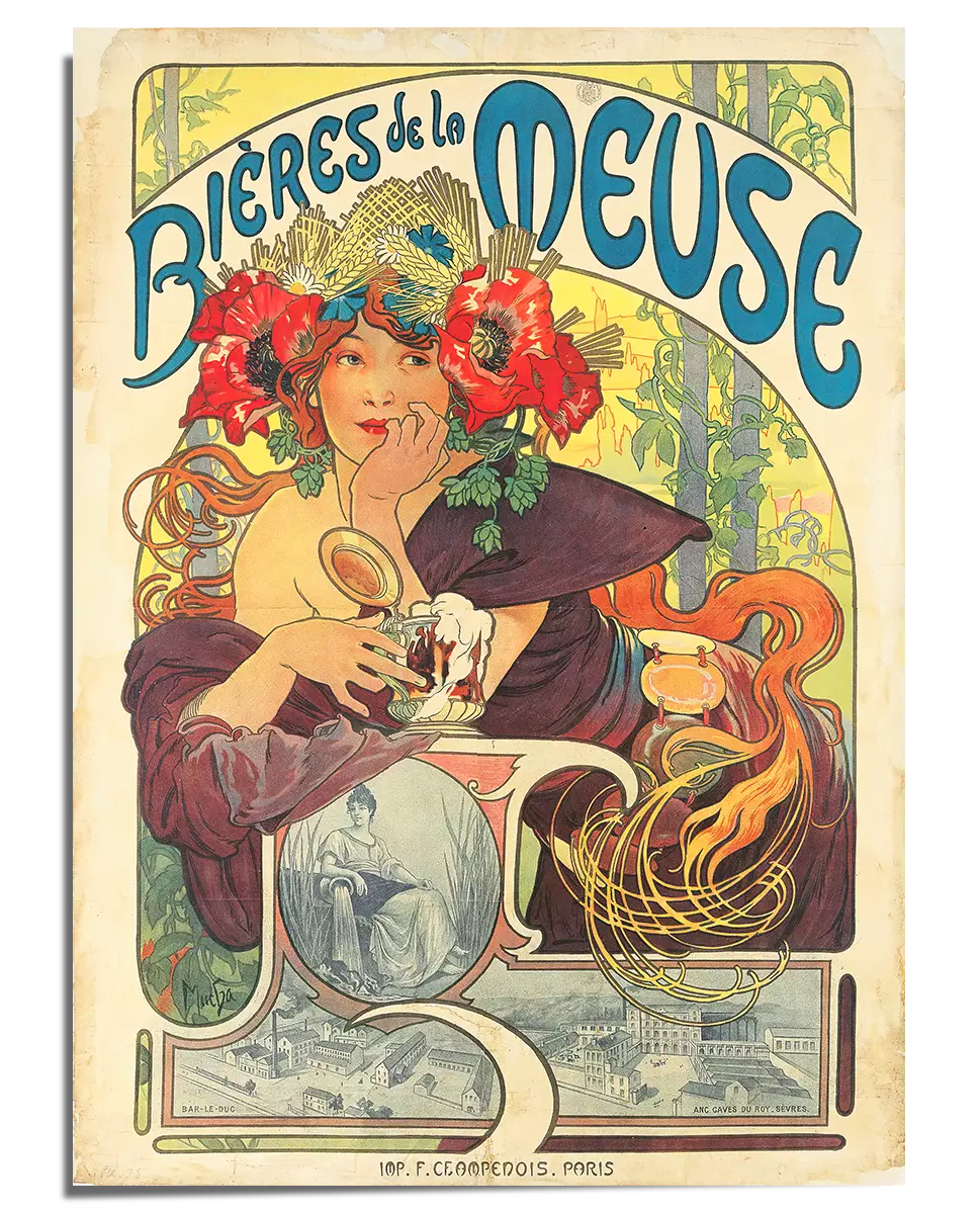A vintage Art Nouveau poster featuring a woman with flowing golden hair adorned with red flowers and a crown of wheat. She holds a glass of beer in her hand while gazing dreamily into the distance. The swirling lettering at the top reads "Bières de la Meuse," curving around decorative botanical elements. The lower section of the poster includes a detailed illustration of a brewery, framed by ornamental designs